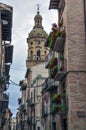 Small cozy street with a view of the Church of St. Jamesin in the city of Puente La Reina Ã¢â¬â Gares, Spain